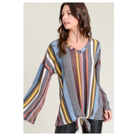 LAST ONE V Neck Striped Bell Sleeve Top - Picture 3 of 14